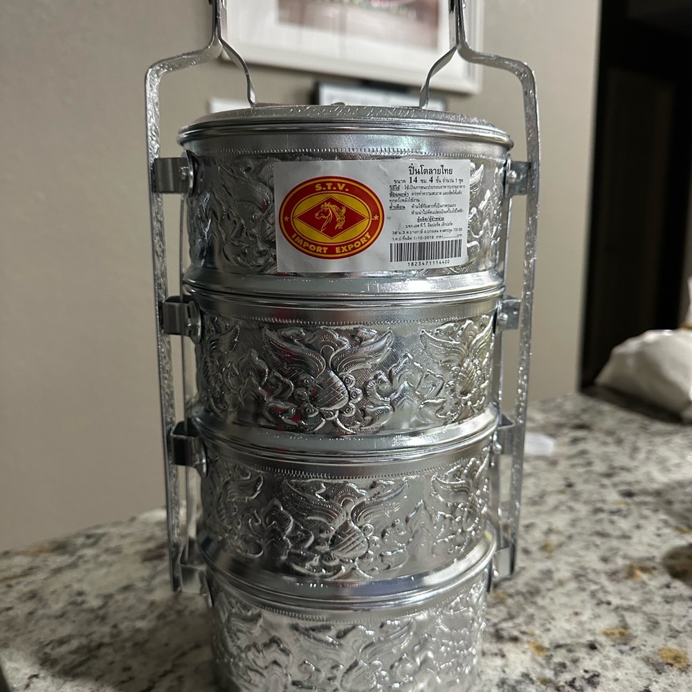 Embossed Silver 4-Tier Tiffin Food Carrier Imported from Thailand